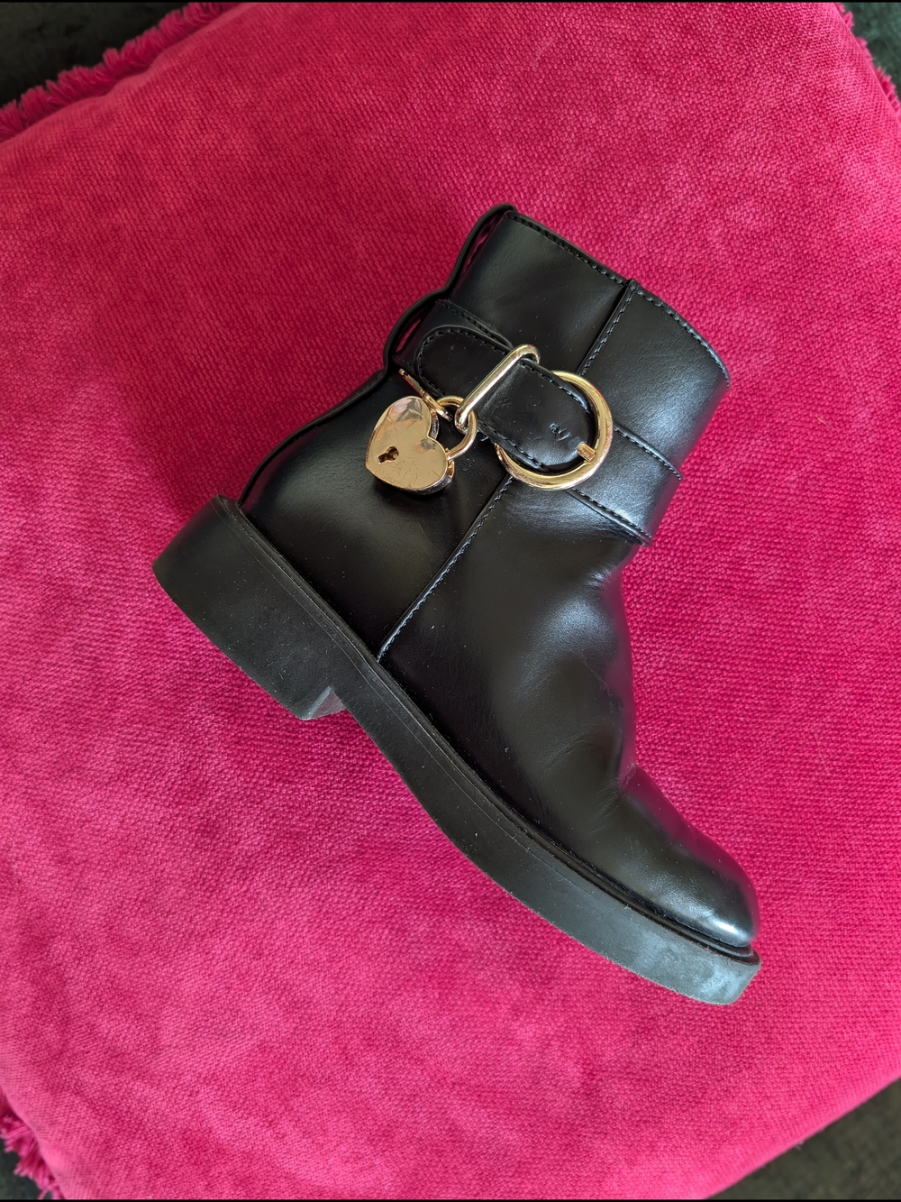Girls' Black Ankle Boots with Gold Heart Accent